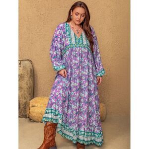 NWT Rusttydustty Purple‎ Floral Long Sleeve Maxi Dress Size 0XL